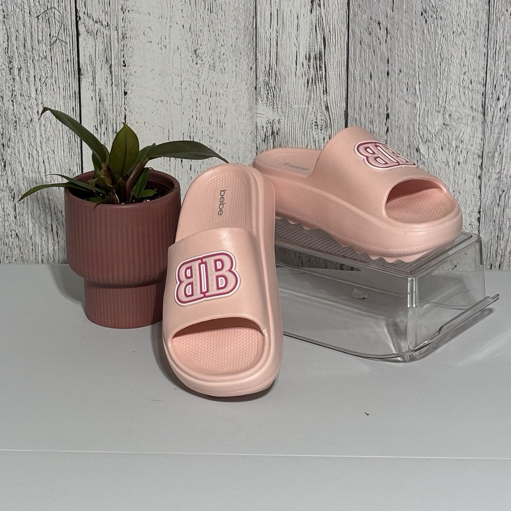 Bebe Women's Slide Sandals Size 7 Pink Platform Pool Slides BB Logo New